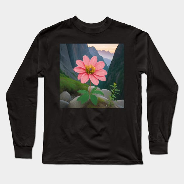 Pink flower blooming happily in spring Long Sleeve T-Shirt by CursedContent